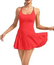 [YOAKUKA] Women's Flowy Tennis Dress with Built in Shorts & Bra Spaghetti Crossover Back Strap Athletic Workout Active Jumpsuit