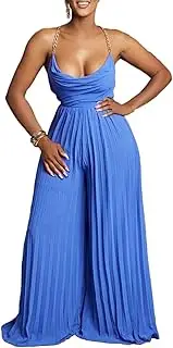 [GHAKKE] 2025 Women's Chain Shoulder Straps Sexy Low Cut Jumpsuits Halter Neck Pleated Hem Flowy Wide Leg Long Pants Rompers