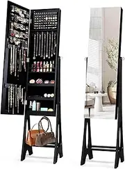 Giantex Freestanding Mirror Jewelry Cabinet, Jewelry Organizer with Full Length Frameless Mirror, Built-in LED Lights and Bottom Storage Shelf, Jewelry Armoire with Mirror (Black)