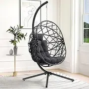 SWITTE Hanging Egg Chair with Stand, Outdoor Swing Egg Chair, Indoor Wicker Hammock Chair with Cushion for Patio Bedroom, 350LBS Capacity-Grey