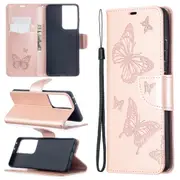 For Samsung Galaxy S21 Ultra Case Butterflies Emboss Folio PU Leather Wallet Cover, Kickstand, Lanyard, Rose Gold