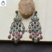 Natural Pave Diamond Multi Gemstone Chandelier Earrings 925 Solid Silver Gifts