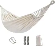 Brazilian Single Hammock, Garden Cotton Hammock, 1 Person Balcony Canvas Hammock with Trees Straps, Carabiners, Portable Hammock with Travel Bag, for Camping Outdoor/Indoor Patio Backyard (White)