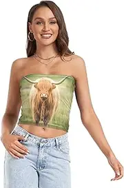 [RPLIFE] Cute Highland Cow Women Tube Top, Going Out Crop Top, Mesh Tube Tops, Sexy Tube Tops (S)