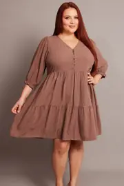 Brown V-neck Button Through Linen Blend Minidress