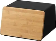 YAMAZAKI 5291 Tower Bread Bin with Lid, Chopping Board, Black, Steel/Bamboo, Minimalist Design, 31.5 x 24.5 x 18.5 cm (L x W x H)