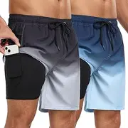 [ATOFY] Mens Swim Trunks with Compression Liner 7 Inch 2 Pack Swim Shorts 2 in 1 Quick Dry Board Shorts Beach Wear, Blue02+grey02, Small
