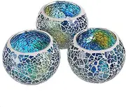OwnMy Set of 3 Blue Mosaic Glass Tea Light Holders Round Bowl Votive Candle Holders Pillar Candle Stands, Glass Mosaic Tealight Holders Potted Plant Bowl Vase Candle Centerpiece for Table Wedding