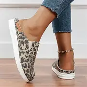 [SWTKO] Garden Loafer Flat Shoes for Women Lightweight Breathable Backless Slip on Mules Sneakers Comfortable Slippers Canvas Boat Shoes for Walking,Leopard Print,US10/EU41