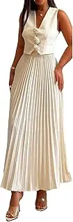 [Molilove] Womens 2 Piece Outfits Sleeveless Blazer Vest Pleated Midi Skirts Set Matching Suit Set Summer Casual Vest Skirt Set