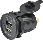 Lead Industries Immer Series KS-258A USB Charging Socket for Motorcycles, 1A + 2.1A, Black, for DC 12V Vehicles