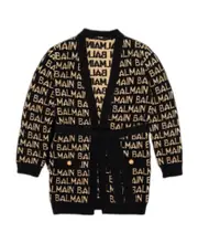 Balmain Kids Tied Waist Logo Intarsia Knit Cardigan 14Y,13Y,12Y Black