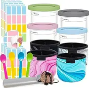[NLXCXUCY] 4 Pack Containers Replacement for Ninja Creami Pints and Lids, 4Pcs Ice Cream Neoprene Sleeve 160Pcs Waterproof Removable Labels,16oz Compatible with Ninja NC299AMZ NC300 Series