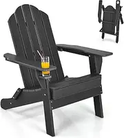 Costway Outdoor Folding Adirondack Chair, Weather Resistant Plastic Lounger with Cup Holder, All-Weather Chair for Fire Pit, Patio and Backyard (Black)