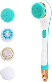 Electric Silicone Bath Brush Back Scrubber 4 Brush Heads USB Rechargeable Rotating Shower Massager with 2 Speeds Long Handle Body Cleansing Brush Blue