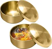 MDEOOSKY 2PCS 304 Stainless Steel Rice Bowls, Gold Metal With Lid, Double Layer Anti-Scalding, for Soup Salad Noodles, Korean Kitchen Restaurant, 4.92 Inch