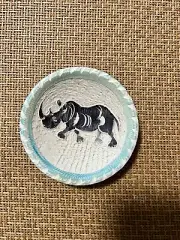 Soap Stone Hand Carved Rhinoceros African Trinket Dish Black White & Blue
