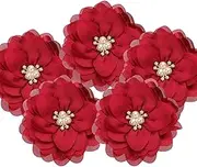 uxcell 3.15 Inch Chiffon Flowers, 5 Pcs Fabric Flowers Rhinestone Pearl Large Camellia Sewing Appliques for DIY Crafts Dresses Clothing Headbands Wedding Party Decoration, Wine Red