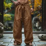 Men's Linen Pants Trousers Summer Pants Baggy Pants Drawstring Elastic Waist Straight Leg Plain Comfort Breathable Full Length Outdoor Yoga Gym Designer Retro