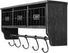 Rustic Black Wooden Wall Cabinet Storage Rack Metal Wire Baskets Hooks Shelf Bin