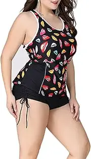 [JadeRich] Women's Plus Size Tankini Swimwear Set Two Piece Bathing Suits Racerback Tank Top & Drawstring
