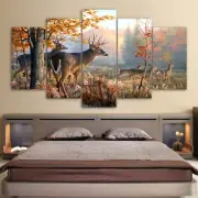Natural Tree Forest Deer Animals Framed 5 Piece Panel Canvas Wall Art Print