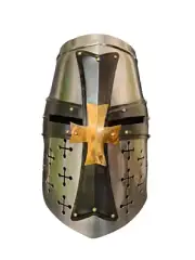 Knight Crusader Medieval Templar Helmet with Brass Cross With Wooden Stand