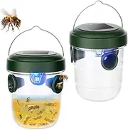 Wasp Traps Outdoor Hanging 2 Packs, Solar Powered Carpenter Bee Trap Yellow Jacket Hornet Catcher with LED Light, Reusable Wasp Deterrent Outdoor for Garden, Patio, Backyard, Camping