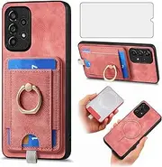 [Asuwish] Phone Case for Samsung Galaxy A23 5G/4G Wallet Cell Cover with Screen Protector Tempered Glass and Slim Ring Stand Credit Card Holder Accessories Slot A 23 23A 6.6 Women Girls Men Boys Pink