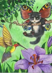 PRINT OF ACEO PAINTING RYTA ANGEL TUXEDO CAT RAINBOW HUMMINGBIRD BUTTERFLY Art