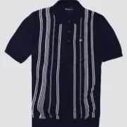 Ben Sherman Crinkle Cotton Striped Knitted Polo, Dark Navy. SALE