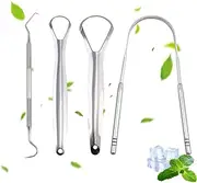 Metal Tongue Scraper +Dental Floss Picker- Pack of 4,Professional Tongue Cleaners Set for Oral Cleaning, Reduce Bad Breath and Mouth Cleaning, Portable Medical Grade Stainless Steel Tongue Scrapers