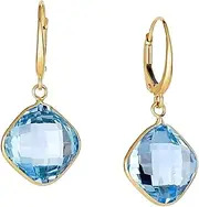 [JewelryWeb] 14k Yellow Gold 30x12mm Shiny Drop Earrings 12mm Cushion Briolette Blue Topaz Lever Back Clasp Dangle Earring for Women