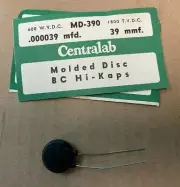 NOS Centralab Type MD Molded Disc Ceramic BC Hi-Kaps, MD-390, 39 MMF 600VDC