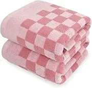 Jacquotha Soft Bath Towels for Bathroom Beach Pool (Pink Checkered), Quick Dry Cotton Shower Towels Set of 2, Cute Funny for Her Women Girls, 27.5x55 Inches
