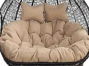 Double Hanging Rattan Chair Seat Cushion, Egg Chair Seat Cushion Replacement, 2 Seater Hanging Rocking Chair Seat Cushion with 2 Adjustable Headrests for Patio Garden (Seat Cushion Only)(Khaki)