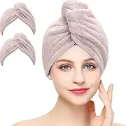 2 Pack Microfiber Hair Towel Wrap AUMA Super Absorbent Twist Turban for Women Fast Drying Hair Caps with Buttons for Drying Curly, Long & Thick Hair Anti Frizz（Khaki…