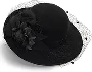 [HinyBoeh] Womens Wide Brim Bowler Fedora Hat Vintage Felt Floppy Fascinator Hat with Veil Winter Kentucky Derby Wedding Party Hat