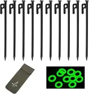 HopingMore 21 Pcs 25cm Carbon Steel Tent Stakes Kit- 10 Heavy Duty Metal Tent Pegs w/ 10 Glow Rings & 1 Storage Bag-Camping Stake Peg Accessories,Durable Ground Anchors for Yard Outdoor Canopy Tarp