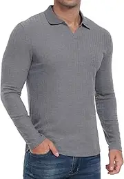 QIXING Mens Long Sleeve Polo Shirts Slim Fit V-Neck Ribbed Knit Golf T Shirt Casual Spring Autumn Shirt for Men UK for Golf, Casual and Work Wear