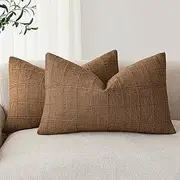 Foindtower Set of 2 Decorative Linen Check Throw Pillow Covers Neutral Farmhouse Lumbar Cushion Covers Modern Boho Home Decor for Sofa Chair Couch Bedroom Living Room Outdoor,12×20 Inch,Brown Hazel