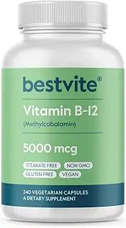BESTVITE Vitamin B12 (Methylcobalamin) 5000mcg (240 Vegetarian Capsules) (Methyl B12) - No Stearates - Vegan - Non GMO - Gluten Free