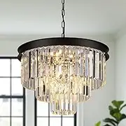 3-Tier Crystal Chandelier Black W50cm E14 LED Light Fixture for Living Room Bedroom Hallway Entryway Stairway Kitchen (AJ64) (Warm White LED 3000K)