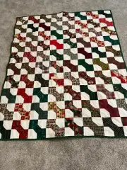 Quilt Dark Green, Red and White Bowtie Quilt - 45" x 57" - Homemade Wall