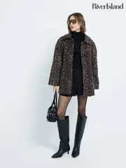 River Island Brown Leopard Print Funnel Neck Coat (AP4568) | $99