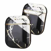 Airpod Case For Apple Airpods Gen 1 & 2 - Electroplated Marble Luxury Design Protective Cover With Clip Keychain - Supports Wireless Qi Charging For Airpods Generation 1 & 2 - Monochrome Black Marble