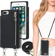 Cavor Flip Folio Cover for iPhone 7 Plus Case for iPhone 8 Plus Case (5.5") Crossbody PU Leather Wallet Card Slots Holder Kickstand & Shoulder Lanyard Strap Handbag Zipper Purse-Black