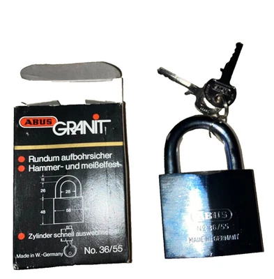 Vintage ABUS Granite Silver Color Padlock 2 Keys Hardened GERMANY VERY RARE NOS