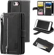 UEEBAI Wallet Case for iPhone SE 2022 5G/iPhone 7/iPhone 8/iPhone SE 2020, Retro 9 Card Slots Zipper Pocket Handbag Case PU Leather Magnetic Cover Wrist Strap Flip Case for iPhone SE3/SE2 - Black
