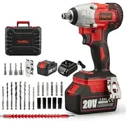 [TEENO] 20V Brushless Lithium-Ion Impact Wrench 3.0Ah Batteries, Charger, 3pcs Sockets, 1/2 Inch, 320NM (One Battery)